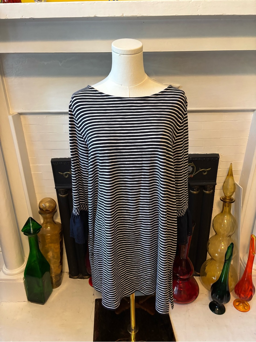 J. Jill Navy and White Striped Boatneck Tunic with Embroidered Cuffs